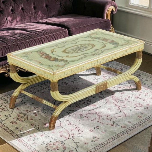 Light Yellow Neoclassical Coffee Table With Hand-Painted Decoration, Mid-20th Century For Sale - Image 8 of 8