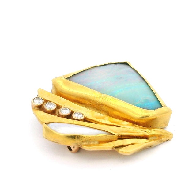 Mid-Century Modern Vintage American Studio 22k Gold Opal Diamond Modernist Brooch For Sale - Image 3 of 14