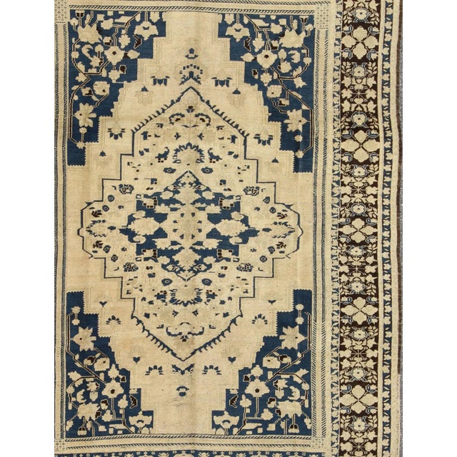 Tribal Mid 20th Century Vintage Turkish Medallion Oushak Rug in Navy Blue, D. Brown and Cream Tones For Sale - Image 3 of 9