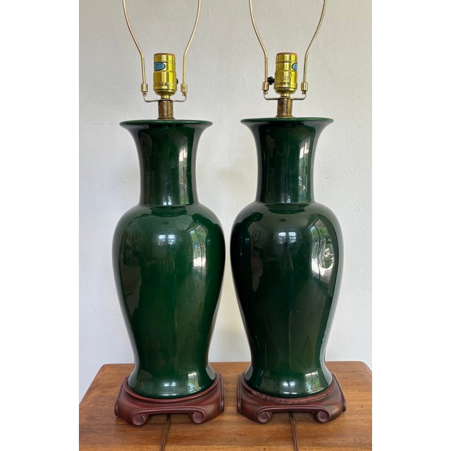 Ceramic 1980s Forest Green Porcelain Urn Form Lamps - A Pair For Sale - Image 7 of 9