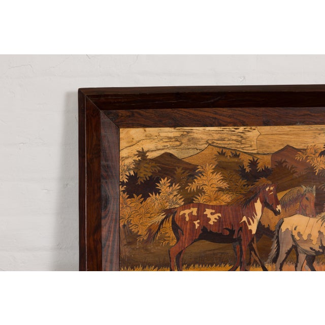 Vintage Inlaid Wood Framed Painting Depicting Four Horses in a Landscape For Sale In New York - Image 6 of 12