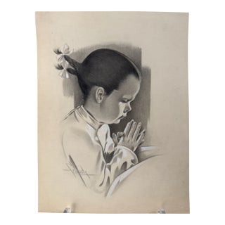 1940s Original Signed Graphite Illustration of Praying Young Girl, 11 × 8.5 In. For Sale
