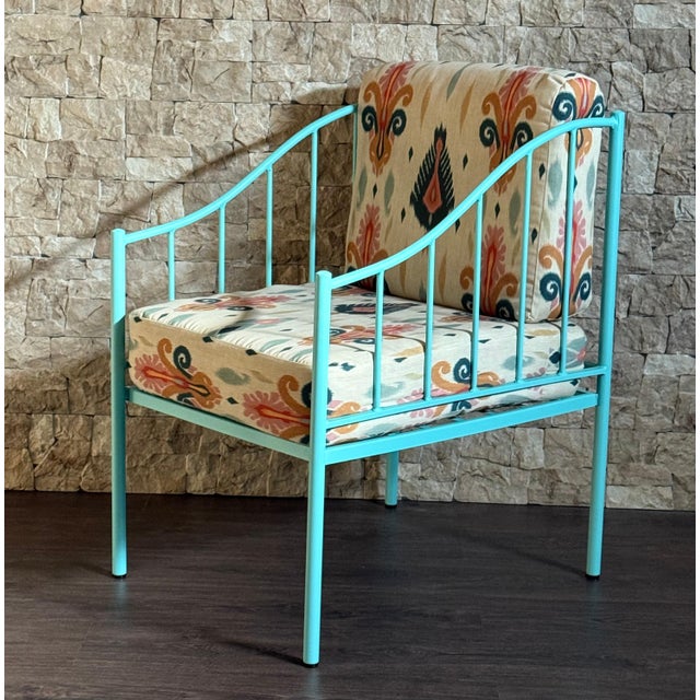 Neoclassical Pair of Wrought Iron Turquoise Lounge Chairs with Outdoor Geometrical Fabric For Sale - Image 3 of 18