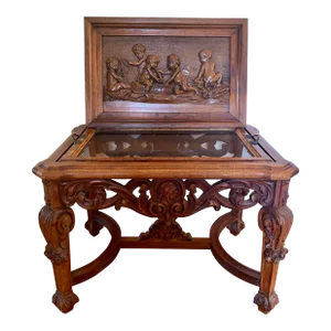 Early 20th Century Hand Carved Putti & Native American Cameo Coffee or Accent Table