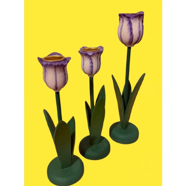 Green Vintage Wood Flowers Tulips Shaped Candle Holders - Set of 3 For Sale - Image 8 of 8