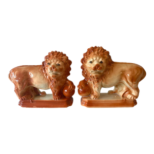 Antique Staffordshire Mantle Lions With Paws on Orbs – 11.5” Tall - A Pair