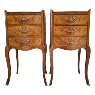 Pair of French Louis XV Revival Inlaid Bedside Tables with Three Drawers, 1940s For Sale