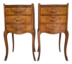 Pair of French Louis XV Revival Inlaid Bedside Tables with Three Drawers, 1940s