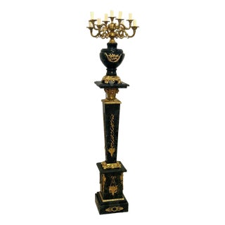 French Black Pedestal With Candelabra-Style Porcelain Vase – Bronze & Gold Leaf Details For Sale