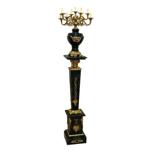 French Black Pedestal With Candelabra-Style Porcelain Vase – Bronze & Gold Leaf Details For Sale