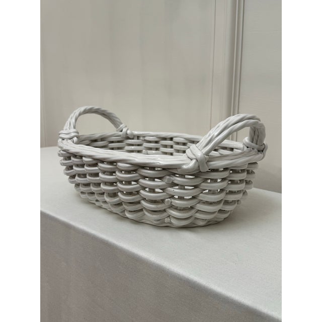 French Shabby Chic Woven Wicker White Glazed Earthenware Basket For Sale In Houston - Image 6 of 11