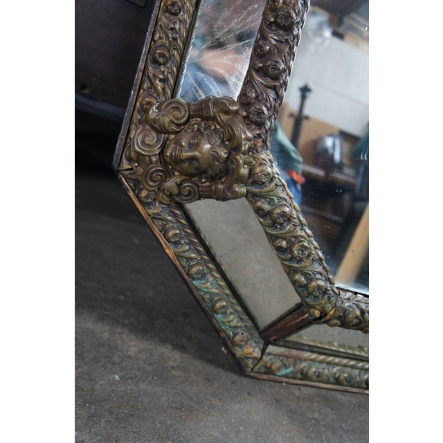 Antique French Louis XIII Style Figural Repousse Brass Octagonal Wall Mirror For Sale - Image 10 of 10
