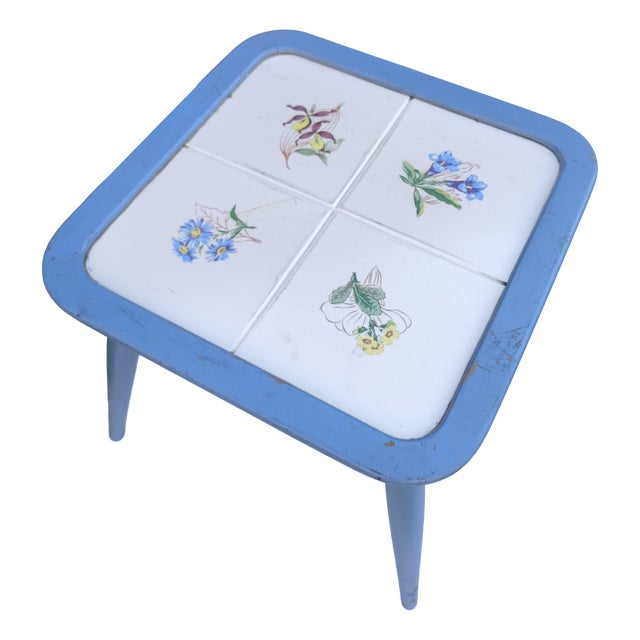 Light Blue Plant Stand with Floral Motif, 1950s For Sale