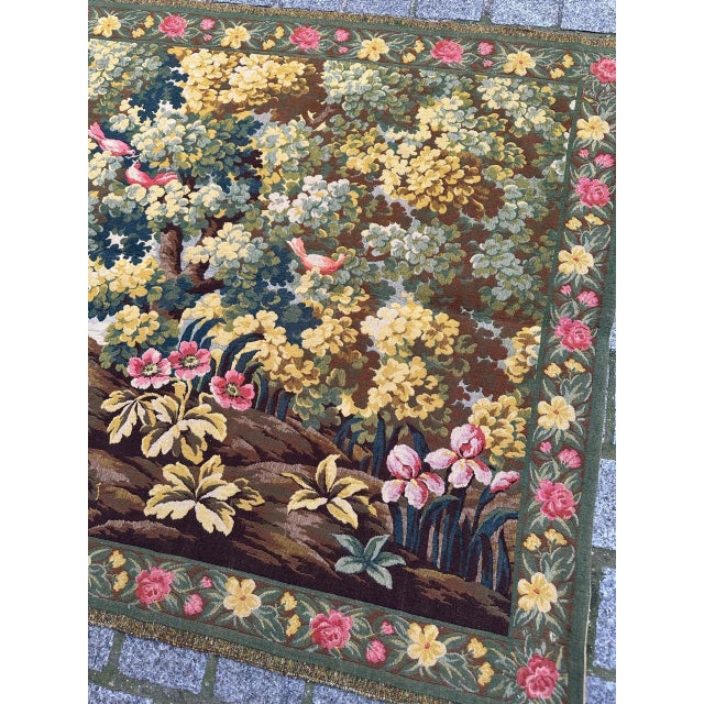 Nice mid century French Aubusson style tapestry with beautiful design of a couple in love, inside the forest, with trees,...