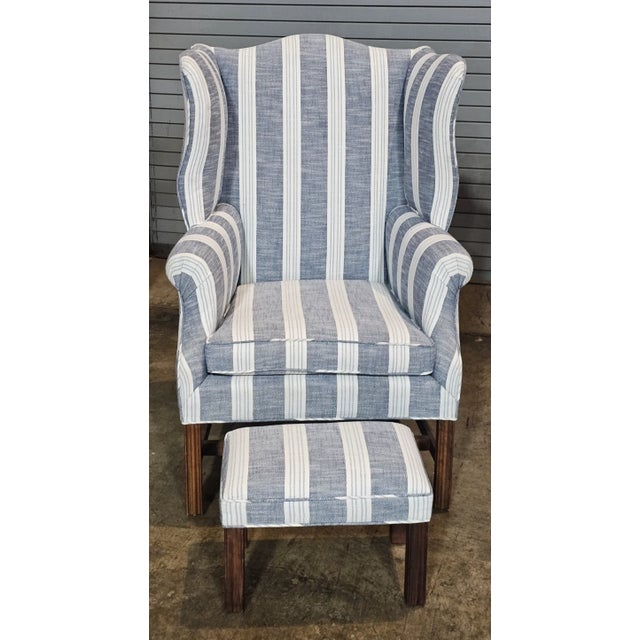 Chippendale Late 20th Century Pair Mahogany Chippendale Style Wing Chairs W Matching Footstools Gray Fabric For Sale - Image 3 of 8