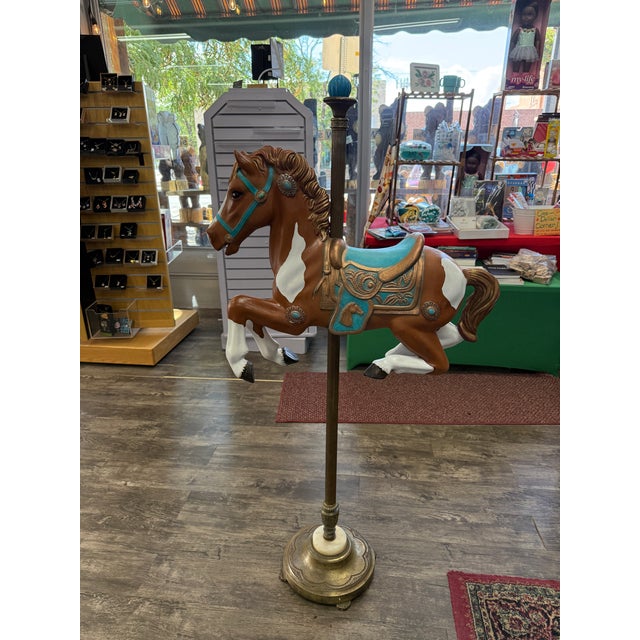 This antique carousel horse has been mounted on an antique Torchiere brass lamp for elegance AND security - no tipping or...