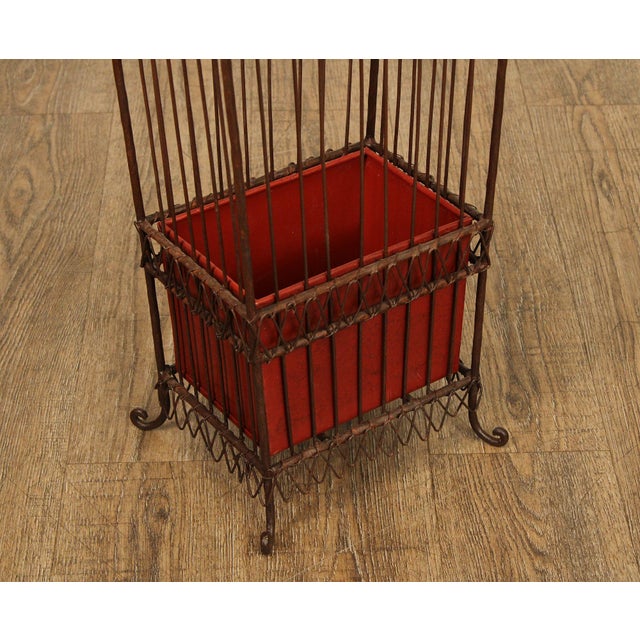 Rustic Vintage Wrought Iron Umbrella Stand with Red Liner For Sale - Image 3 of 18