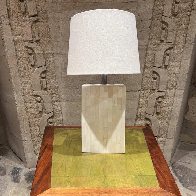 For your consideration, a vintage 1970s Enrique Garcel (Colombia) tessellated bone table lamp featuring a rectangular...