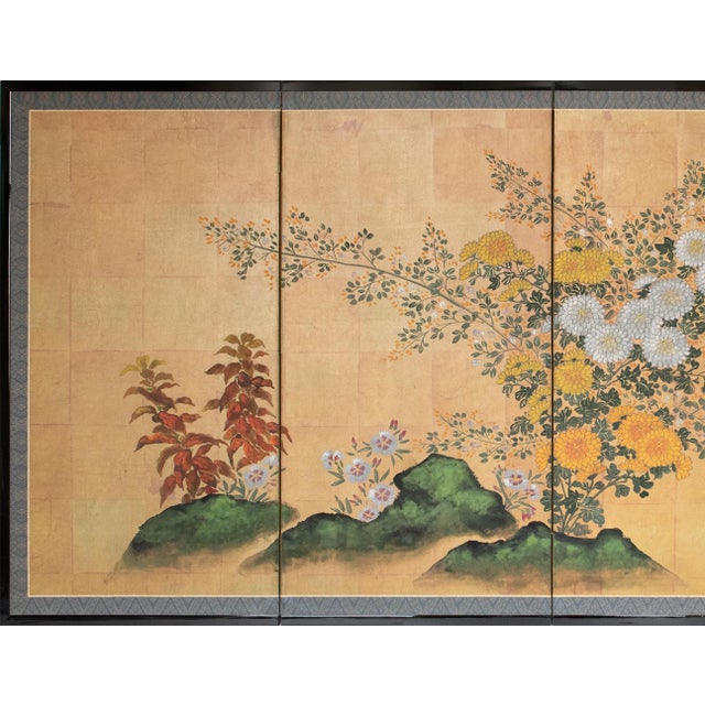Beautiful Japanese painted 4-panel byobu (folding screen) "Roman Chamomile" by Lake Chun. Signed and sealed by the artist....