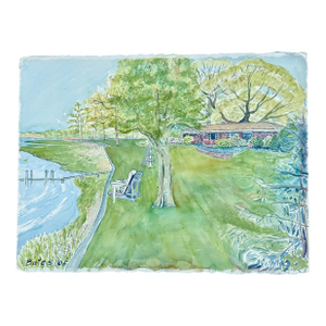 Naturalistic Watercolor Home on Water Scene With Dock by Susan Bates