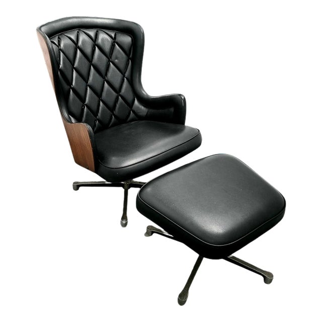 Mid-Century Modern Diamond Quilted Vinyl Lounge Chair & Ottoman For Sale