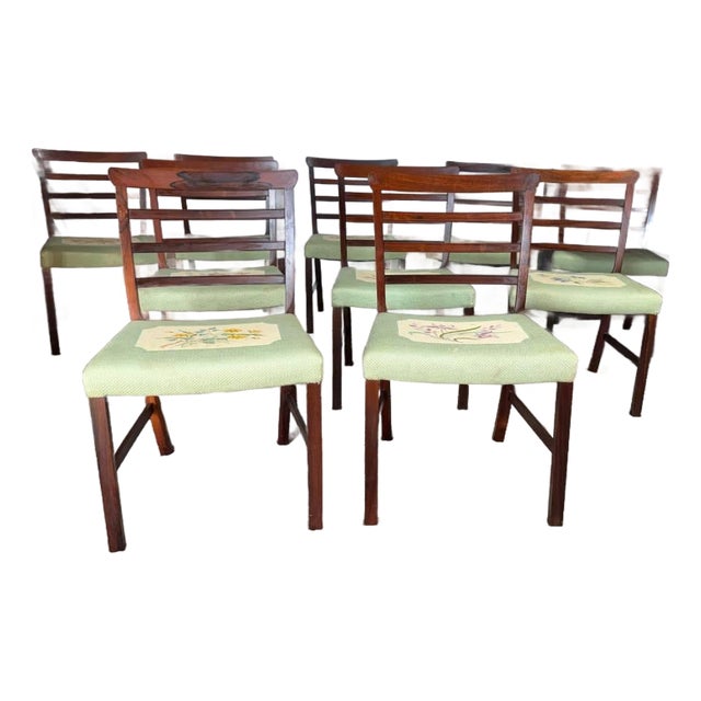 Mid 20th Century Set of 8 High Ladder Back Rosewood Tapestry Leg Dining Chairs For Sale