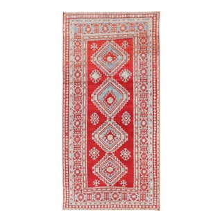 Antique Caucasian Kazak Gallery Rug in Brilliant Red With Geometric Design 5'0 X 11'0 For Sale