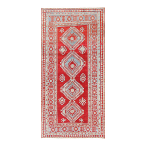 Antique Caucasian Kazak Gallery Rug in Brilliant Red With Geometric Design 5'0 X 11'0