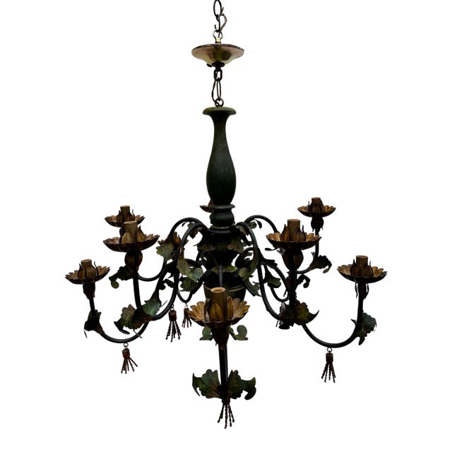 Vintage 10 Light Gilt Bronze Country French Chandelier For Sale
