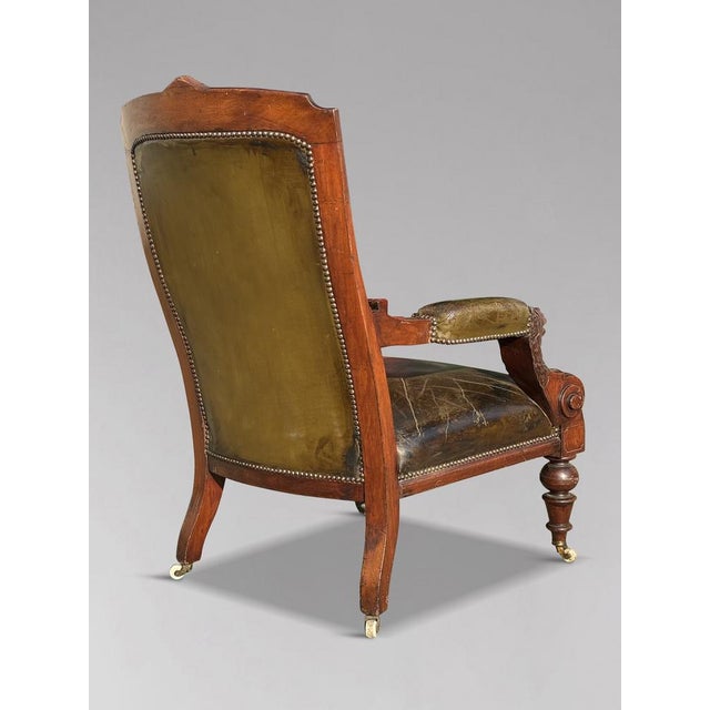 Late 19th Century 19th Century Arts & Crafts Carved Walnut & Leather Library Armchair, 1880 For Sale - Image 5 of 11
