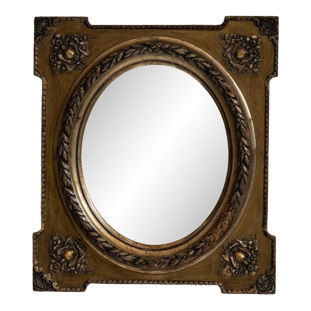 19th Century France Antique Brass Repousse Brass Oval Mirror For Sale