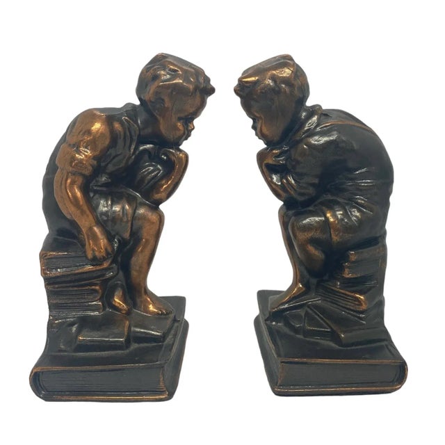 Mid 20th Century Cast Metal With Bronze Tone Bookends With Thinking Boy Sitting on Stack of Books Design - a Pair For Sale In Washington DC - Image 6 of 12