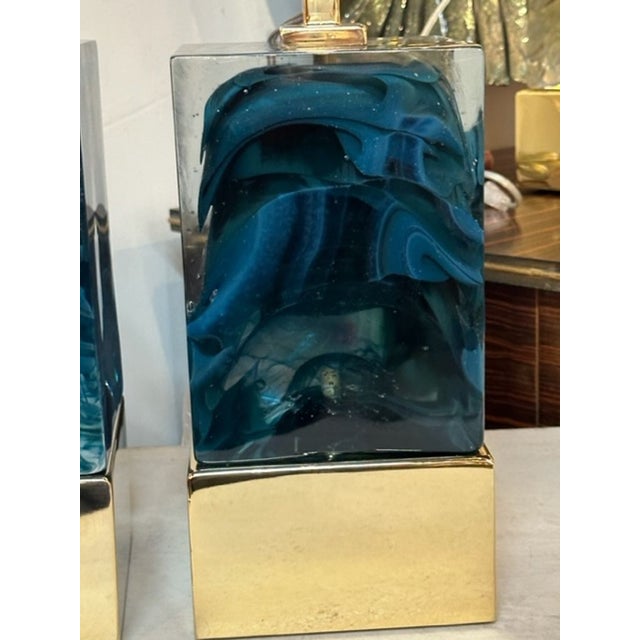 Pair of Modern Blue Murano Glass and Brass Lamps For Sale - Image 4 of 6