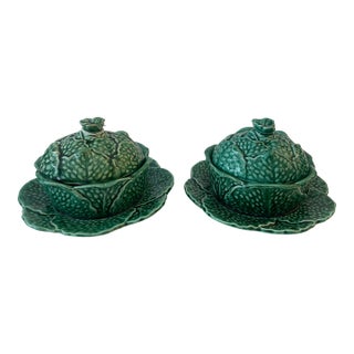 Pair Majolica Covered Tureens Green Cabbage , by Sarreguemines For Sale