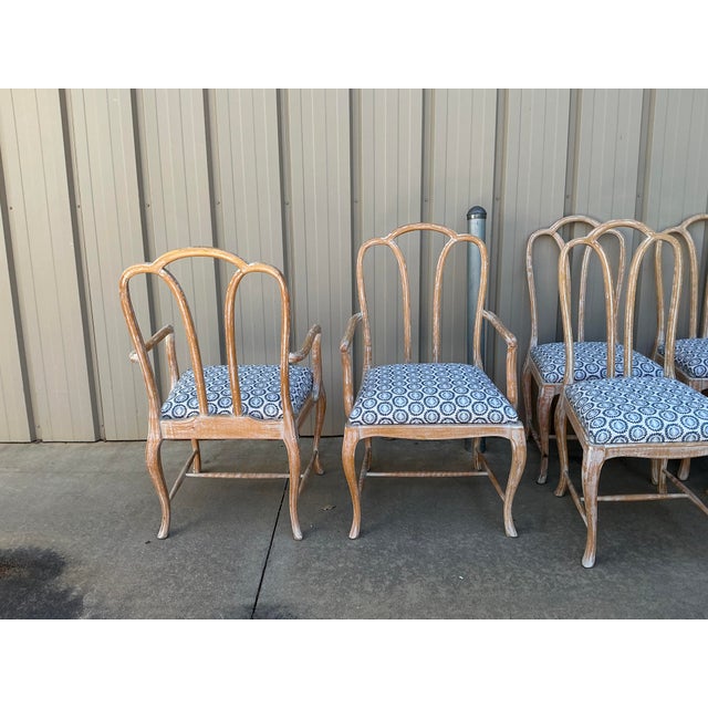 Gustavian Style Cerused Dining Chairs in New Blue & White Linen Set of 8 For Sale - Image 9 of 15
