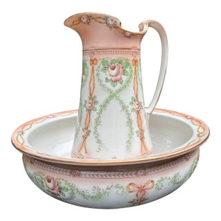 Antique Crown Devon Victorian/Edwardian Art Nouveau Fine English Porcelain Pitcher and Washbowl Set For Sale