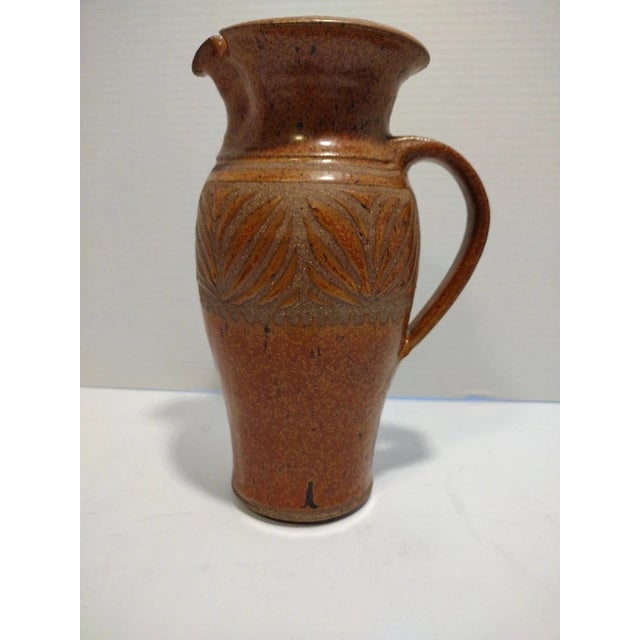 Studio Pottery Pitcher With Incised Leaf Decoration and a Speckled Glaze For Sale - Image 10 of 10