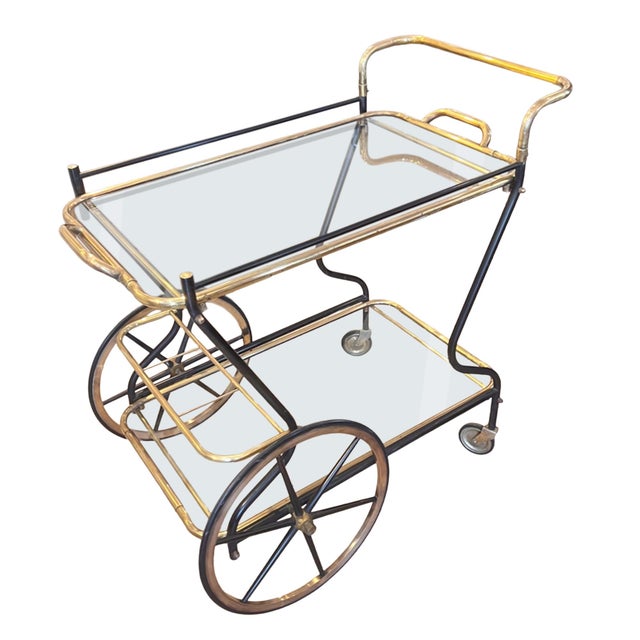 Mid-Century Modern Italian Brass and Glass Bar Cart with Lifting Top Tray, 1950s For Sale - Image 6 of 6