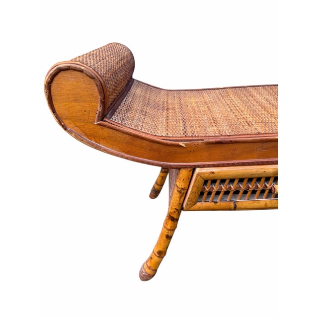 1950s Vintage Tortoise Bamboo and Rattan Weave Scrolling Curved Bench For Sale - Image 5 of 8