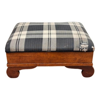 Antique Early American Plaid Upholstery Foot Stool For Sale