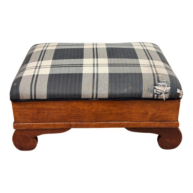 Antique Early American Plaid Upholstery Foot Stool For Sale