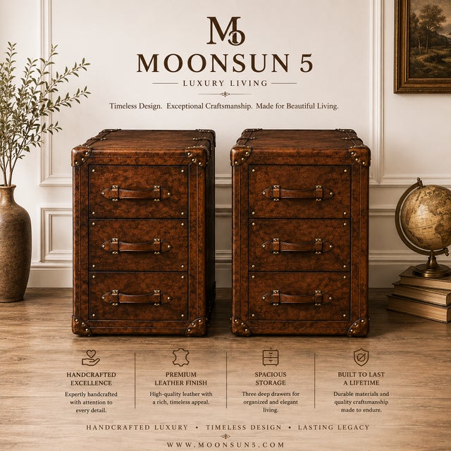 English Luxury Leather Dark Brown Nightstand Pair, Handmade Vintage Trunk Bedside Tables, Leather Drawer Cabinet, Brass Studded Bedroom Storage For Sale - Image 3 of 9