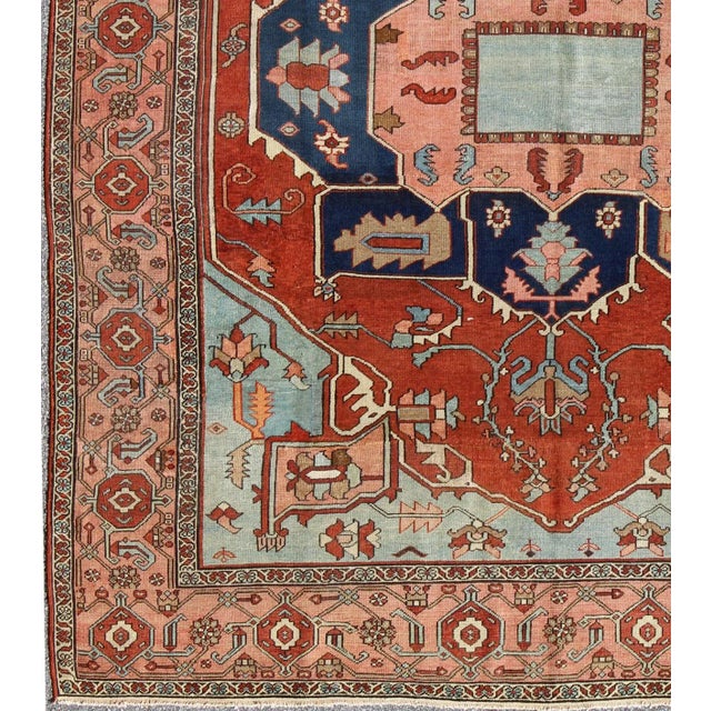 Islamic Antique Serapi Rug in Antique Red, Light Blue and Salmon Colors For Sale - Image 3 of 11