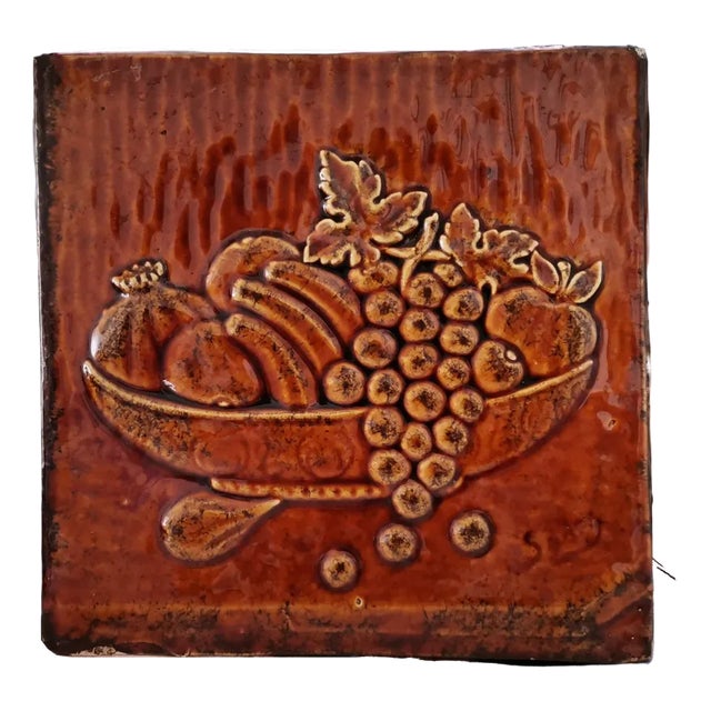 Mid-Century Large Spanish Glazed Terracota Ceramic Natur Morte Art Tile, 1950s For Sale