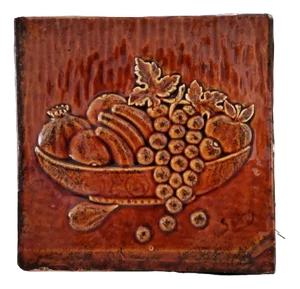 Mid-Century Large Spanish Glazed Terracota Ceramic Natur Morte Art Tile, 1950s