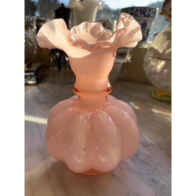 Fenton Art Glass Company Vintage Fenton Ruffled Melon Rosaline Glass Vase For Sale - Image 4 of 9