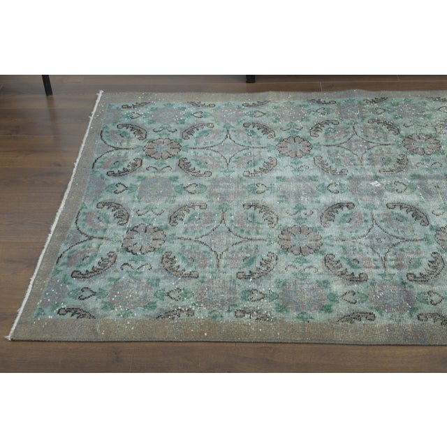 1970s Vintage Turkish Hand-Knotted Wool Cotton Green Area Rug For Sale - Image 9 of 11