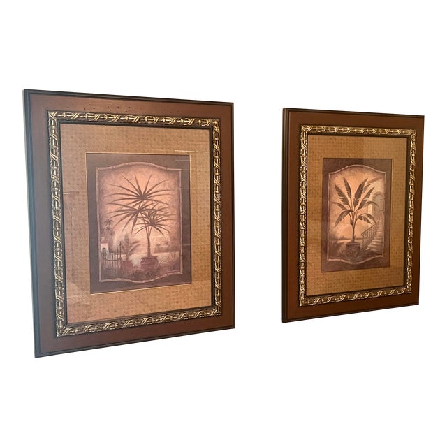 Two Framed Print Art - Palm Tree Pair - Solid Wood Frame - Brass Embellishments For Sale