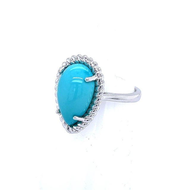 Natural Persian Turquoise Ring Size 6 14k White Gold 6.21 TCW Certified For Sale - Image 4 of 13