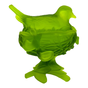 Mid-Century Westmoreland Lime Green Satin Glass Bird on Nest Candy Dish – Frosted Songbird Covered Bowl - - Cottagecore, Grandmillennial